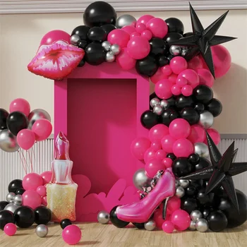 123шт Ярко-розови балони Комплект Гирлянди Устните балон от фолио Експлозивна звезда на висок ток за момичета на рожден ден на принцеса декорация за сватбени партита
