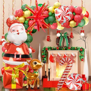 124шт Коледни Балони Венец Арка Комплект Дядо Коледа Лосове Тръстика Бонбони, Балони Коледен Празник Нова Година за Зимно Парти Decoratio