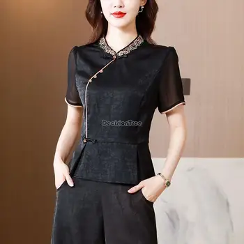 2023 г. на жените в китайския ретро стил с къс ръкав и яка-часова елегантен топ чонсам кратък за отслабване дамски ежедневни китайска блуза s129
