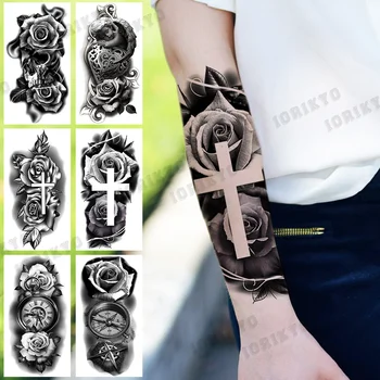 3D Реалистични временна татуировка с изображение на кръст във формата на рози за жени, възрастни, стикер с фалшива татуировка във вид на компас, черепа Ангел, Водоустойчив стикер за татуировки