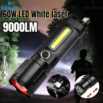 60 W Бял лазерен 9000ЛМ фенерче силно осветление Type-c USB зареждане Авариен открит Водоустойчив фенер с много фокусирано, с увеличение
