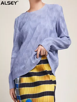 ALSEY Miyake, Плиссированная Модна Тениска с кръгло деколте, Потници за Жени, Пролет-Есен, Нов Безплатен Лесен Пуловер с дълги ръкави