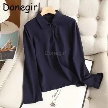 Donegirl 2023, Нова есенна дамски модни однотонная Свободна риза Поло с дълъг ръкав и деколте, прости ежедневни пуловери за пътуване до работа, Шикозни дамски блузи