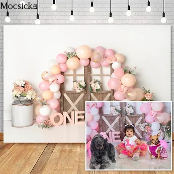 Mocsicka Cake Smash, фонове, за снимки на Деня на раждане на момичетата, Розов балон, цветя, декор, дървени врати, на фона на фотосесия, фотографско студио