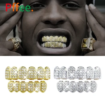 Pffee Хип-Хоп Зъби Grillz Стоматологични Кристали И Сребро 18 Карата Златно Покритие На Зъбите Времена Бижута Iced Out Решетки За Мъже Жени