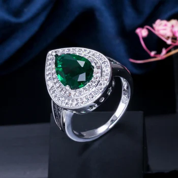 ThreeGraces Елегантен пръстен за сватбеното парти със зелен кубическим цирконием под формата на капки вода за жени сребрист цвят, модни бижута за бала R170