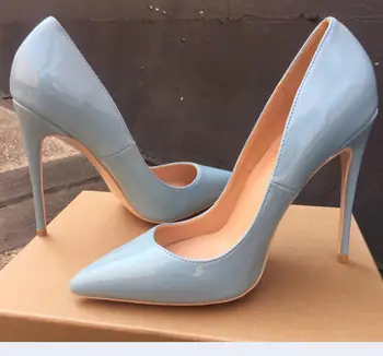 Дамски обувки-лодка на фини обувки с високи токчета от синята лачена кожа с остри пръсти, пикантен дамски обувки на висок ток, по-големи размери 43
