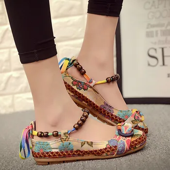 Дамски обувки на равна подметка големи размери, каишка от перли, Дамски цветни чрез шнурове отзад, Модни дамски памучен плат с цветен модел, Дамски обувки