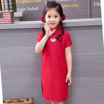 Дантелено детско червено китайското коледна рокля qipao рокли за момичета в едно цвете, подарък за сватба, летни рокли цельнокроеные
