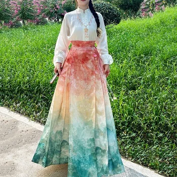 Жена Супериорна костюм Hanfu с висока талия, плиссированная пола-блуза с лошадиным лице, Ретро китайски традиционен костюм на Династията Мин