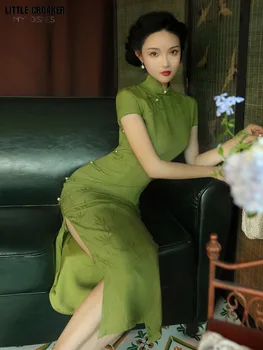 Жена Ципао Зелен Чонсам 2023 Нова Реколта За млади момичета с подобрен китайски темперамент В стила на Стария Шинуазри Дълго Лято