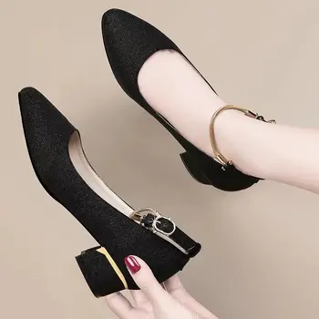 Женските сватбени обувки на висок ток, Сребристо-черна каишка на щиколотке С пайети, обувки-лодка на високо масивна обувки, Дамски обувки Мери Джейн токчета