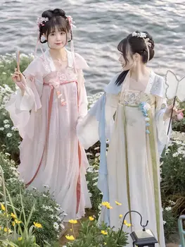 Женствена рокля Hanfu, традиционен китайски костюм за cosplay, Древна трикольор пола-бюст с бродерия на династията Тан, дрехи за танци на сцената