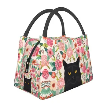 Изработена по поръчка чанта за обяд с цветен модел, порода Черна котка, жена термоохладитель, изолиран за обяд, кутия за пикник, къмпинг, работа и пътуване