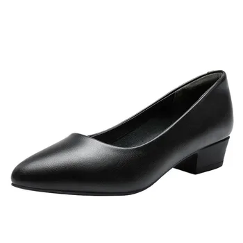 Кожени тънки обувки, нови женски есенно-зимните обувки на плоска подметка, черни работни обувки, кожени дамски обувки на средно гъст ток