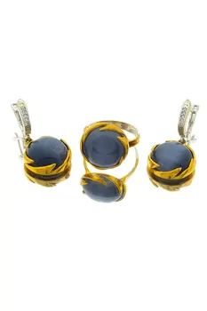 Комплект обици и пръстени от сребро, бронз, кръгъл черен камък MOD72.