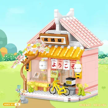 Мини-квартал с изглед към улицата в японски кръчма-ресторант China City, строящий тухлени фигурки, уличен пейзаж Изакая забавни играчки за подарък на бебето