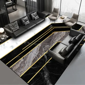 Модерни килими с 3D печат за хол, спалня, подложки Обикновено черни на бели, сиви стелки с имитация на мраморно фигурата златна линия/Килим