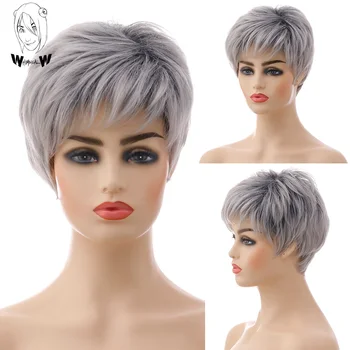 Нереален W Синтетични перуки за жени, кратък права перука с бретон, Смесени сиви перуки, направени от термоустойчива влакнести на косата