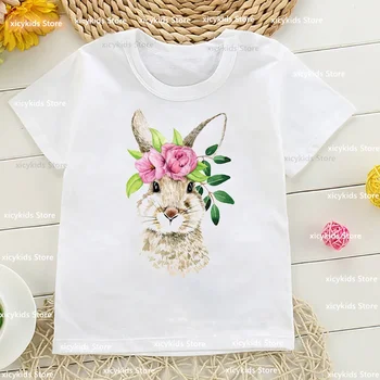 Нова тениска за момичета с хубави акварельным цветисти принтом във формата на зайче и на животните, детска тениска, модна тениска, дрехи за момичета от 1 до 15 години