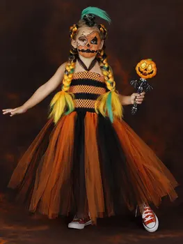 Оранжевото Черна Рокля-пакет За момичета, Вязаное на една Кука, Детско Тюлевое Рокля, Бална Рокля с Флорални Лък за Коса, Детски Костюм За Парти на Хелоуин, Рокля От Плат