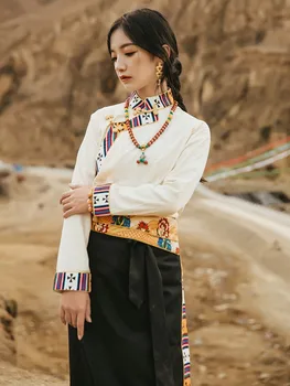 Подобрена тибетски облекло, дамска бяла риза с дълги ръкави, пола с мирис за танци Guozhuang