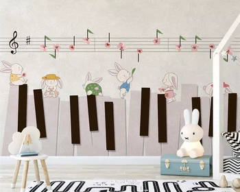 Потребителски тапети с ръчно рисувани мультяшного литературен заек, пиано, на фона на телевизия, детска стая, детска градина, 3D тапети