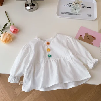 Пролетни Блузи с цветни копчета за момиченца, Памучен риза 