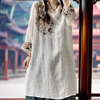 Свободна женска риза, Есенна нови дрехи от памук и лен с дълъг ръкав, дамски топ Ципао с бродерия в китайски стил, Елегантна блуза на цветчета