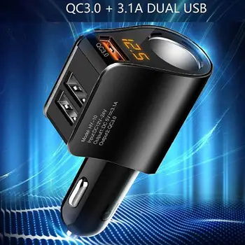 Удължителен кабел зарядно за кола, запалка адаптер QC3.0, Сплитер контакт 12 v/24 В С 3 USB порта, измерване на напрежение