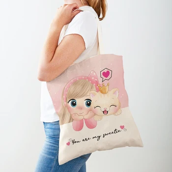 Холщовые чанти за пазаруване със собствени животни, пътна чанта за деца, двустранен чанта за пазаруване с принтом анимационни момичета и котки, ежедневна чанта