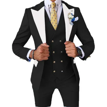 Черен мъжки костюм, елегантна бизнес офис яке, панталон, жилетка, комплект от три елемента, оборудвана облекло, сватбен смокинг за мъжете, дрехи по поръчка